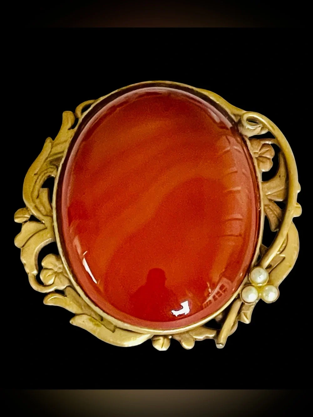 Vintage Carnelian And Goldtone Filigree Brooch With Faux Pearl Accents